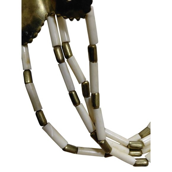 Vintage Multi-Strand White & Brass Beaded Brass Butterfly Pendant Necklace 24" - Picture 7 of 11